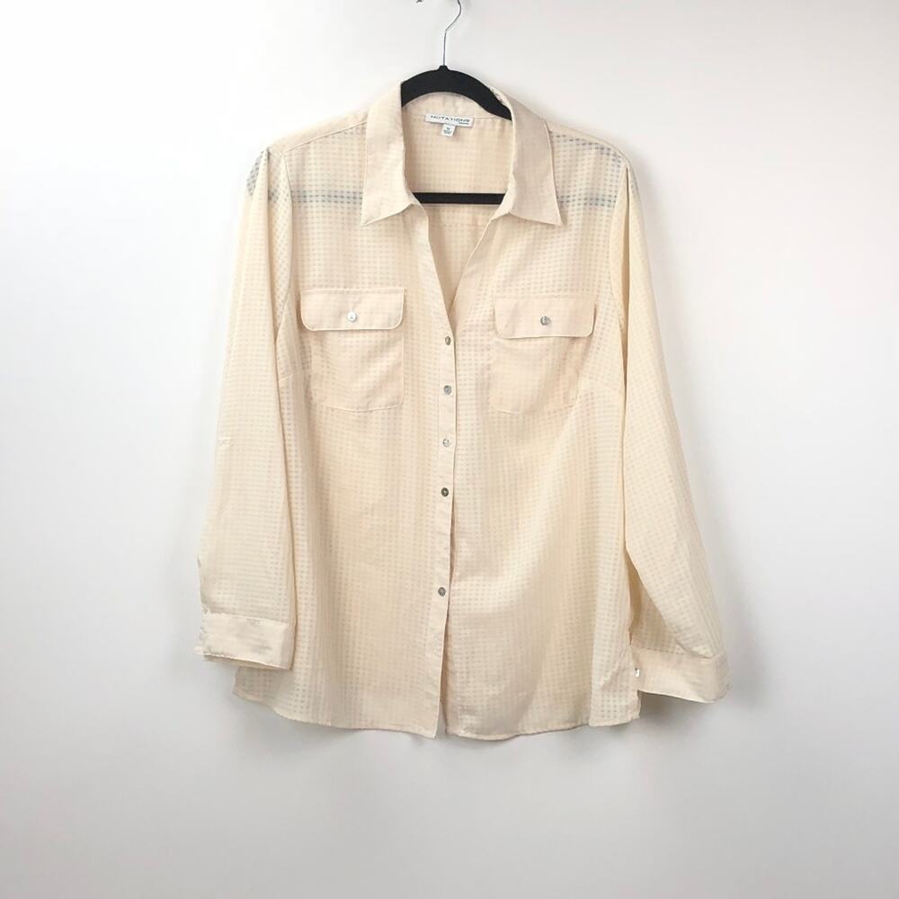 Notations 3X Plus Womens Beige Printed Sheer Button-up Blouse